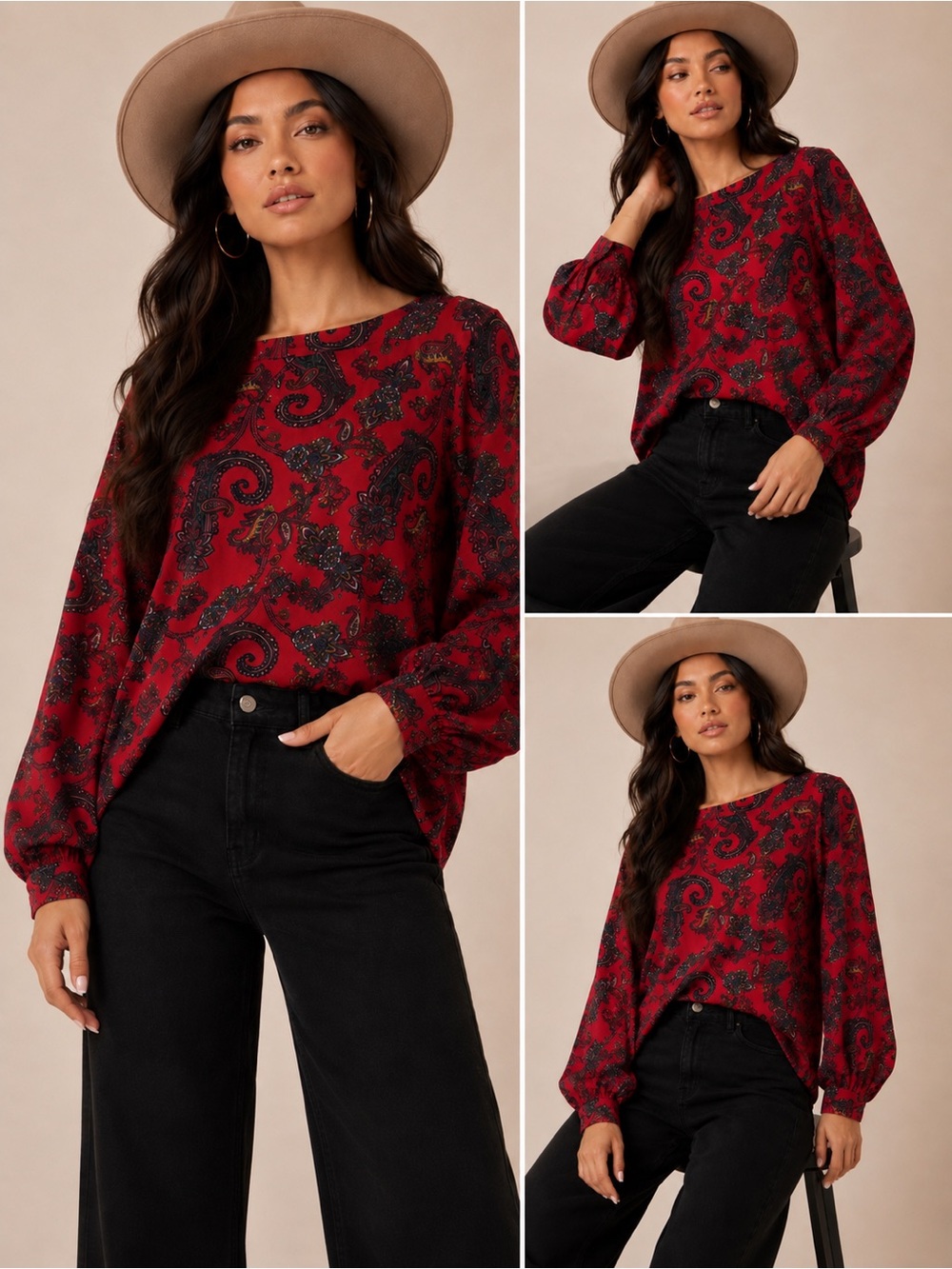 LOFT Red Paisley Balloon-Sleeve Tunic